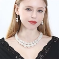 Close-up of multi-layer white pearl necklace and matching earrings set on a model - Versatile Double-Layer Pearl Necklace Earring Set