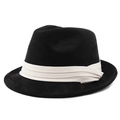 Detailed top view of black felt fedora hat with a triple-layered cream decorative band - M (56-58cm) / Suede Black
