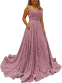 Sparkly rose pink sequin A-line prom dress with spaghetti straps and convenient pockets - US size 2 (S) / Bottoms / Dusty Pink