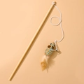 Wooden cat wand featuring a blue and orange woven mouse toy with feathers and a bell - Paper Rope Mouse Orange