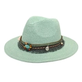Detail of mint green straw jazz hat with bohemian beads and coin pendant decoration - Mint Green
