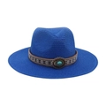 Chapeau fedora en paille bleue avec ruban ethnique et ornement de turquoise - Chapeau de Paille Bleu Royal (Pierre Bleue Ovale)