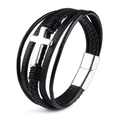 Detail of multi-layer black leather bracelet featuring a silver cross and magnetic buckle - Silver Black