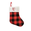 Christmas buffalo plaid stocking with white faux fur trim and red embroidered letter U - Letter U