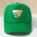 Detailed front view of green trucker hat with creative cartoon teddy bear print - One Size / Green