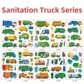 Set of 10 waterproof cartoon garbage truck tattoos for kids including workers and bins - Sanitation Truck Series
