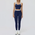 Two-piece navy yoga set with white contrast trim, high-waisted leggings and crop top bra - S / Top And Bottom (Tank Top + Long Pants) / Navy Blue