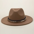 Classic camel wool fedora hat with gold chain and navy blue satin ribbon decoration - M (56-58cm) / Khaki
