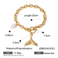 Gold stainless steel bracelet with fishtail charm and pearl accents, 20cm length - Pearl Fish Tail Bracelet / Gold