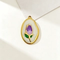 Gold plated stainless steel oval pendant with purple tulip flower enamel detail - Type 2-Tulip-Purple