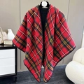 Poncho de cuadros rojos y negros para mujer, chal cálido de punto suave - Escocés