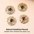 Set of 19mm round amethyst stone charms with gold ripple metal base for DIY jewelry - Natural Amethyst Stainless Steel Round