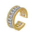 Adjustable gold plated open ring with double row rectangular cubic zirconia and beaded edge - One Size / Gold+White