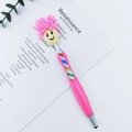 Pink cartoon mop top stylus pen with smiley face and rainbow striped clip - Rose Red