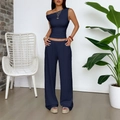 Schickes dunkelblaues Damen-Set mit One-Shoulder-Plissee-Oberteil und weitem Hosenbein-Design - S / Marineblau
