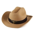 Khaki straw cowboy hat with leather band and bronze bull head ornament in a Western style - Head Circumference 57-58cm / Khaki