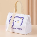 White canvas lunch bag with purple cartoon bear print and insulated inner lining - White Bear