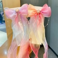 Set of two rainbow gradient organza bow hair clips with pearls and long streamers - Set Pink-Yellow And Purple With Chain