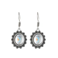 Vintage silver drop earrings with moonstone blue pattern and sunflower edge - Antique Silver Sunflower Blue (K-1242)