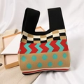 Knitted tote bag with colorful patchwork checkerboard patterns and black handle - Long Stripes Lightning Bolt Black Dots