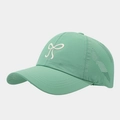Detailed close-up of mint green cap with bow embroidery and laser-cut ventilation holes - Teal