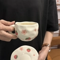 Irregular handmade ceramic coffee cup with pink flowers and red strawberry patterns - Strawberry Small Flower
