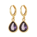 Elegant gold drop earrings with purple pear-shaped faceted gemstones on white background - Purple