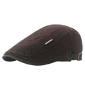 Brown cotton newsboy hat with quilted stitching and metal logo detail - Coffee