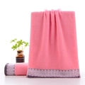 Pink cotton hand towel with geometric jacquard border and thick absorbent texture - Leaf Pink / 34*74cm