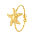 Golden starfish open ring with textured metal finish and round bead accents for beach wear - Starfish Style (N-1021)