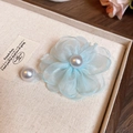 Detail of light blue fabric flower earring with a central pearl and soft petal texture - Chiffon Flower Style (38#) / 925 Silver Needle / Blue