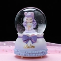 Purple Lolita snow globe with a girl doll and bear, featuring a decorative resin base - Girl with Rabbit in Dress - Purple