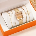 Square beige crocodile watch set with four gold bracelets in an orange gift box - Watch Bracelet and Gift Box Set / Gold