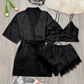 Three-piece black satin sleepwear set for women with lace trim and belted robe - Black