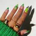Green swirl heart almond press-on nails with glitter accents and gold rings set - Green Fresh Heart Star French Style (JP2086)