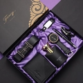 Men's luxury gift set featuring a black watch, gold H-buckle belt, and leather wallet - 8-Piece Black Set (Belt + Wallet + Watch + Perfume + Beads + Keychain + Pen + Gift Box)