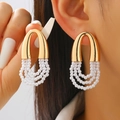 French vintage multi-layer pearl fringe earrings with golden U-shaped arch metal - Gold U-Shape Multi-layer Pearl Earrings (7115)