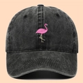 Vintage washed cotton baseball cap with pink flamingo embroidery for outdoor sun protection - Adjustable / Black