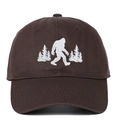 Detailed view of the embroidered Bigfoot silhouette on a vintage brown cotton baseball cap - Adjustable / Coffee