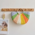Handmade semi-circular straw woven handbag with vibrant colorful stripes and round handles - Multicolor Patchwork (Small)