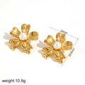 Detail view of 18K gold plated flower earrings with pearl centers and dimensions - Pearl Center Flower Style (TE60139) / Gold with White