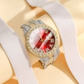 Luxury gold and silver metal watch with red dial and full diamond-set band for women - Two-tone Red Face