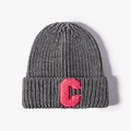 Dark grey knitted beanie featuring a pink towel embroidered letter C patch detail - One Size / Dark Gray