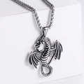 Silver stainless steel dragon pendant necklace hanging on a white cube pedestal - Silver (With Chain)