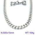 Silver stainless steel 15mm Cuban link chain necklace for men in 500mm length - Silver Cuban Link Necklace Lobster Clasp 500x15mm(KN93843-Z)