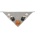 Handmade grey crochet bandana with festive Halloween pumpkin, black cat, and ghost motifs - Grey Halloween Ghost Cat