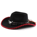 Black western cowboy hat with red stitching, ethnic band and bull skull metal ornament - M (56-58cm) / Black With Red Edge