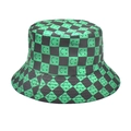 Close-up of green and black checkered bucket hat with green smiley face patterns - M (56-58cm) / Green