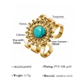 Detailaufnahme des vergoldeten Edelstahlrings mit Türkis-Naturstein und Maßen - Sonnenblume Türkis Dreischichtiger Offener Stil (SR22042609T)
