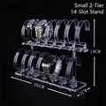 Double-tier clear acrylic watch display stand with 14 C-rings on black background - 2-Tier 14-Slot
